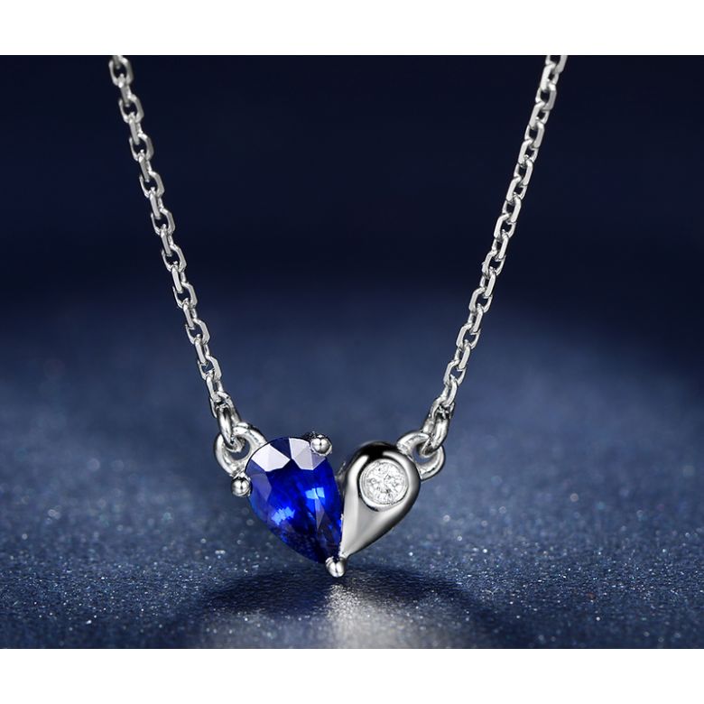 Pendentif coeur saphir et diamant. Or blanc avec sa chaîne - 3