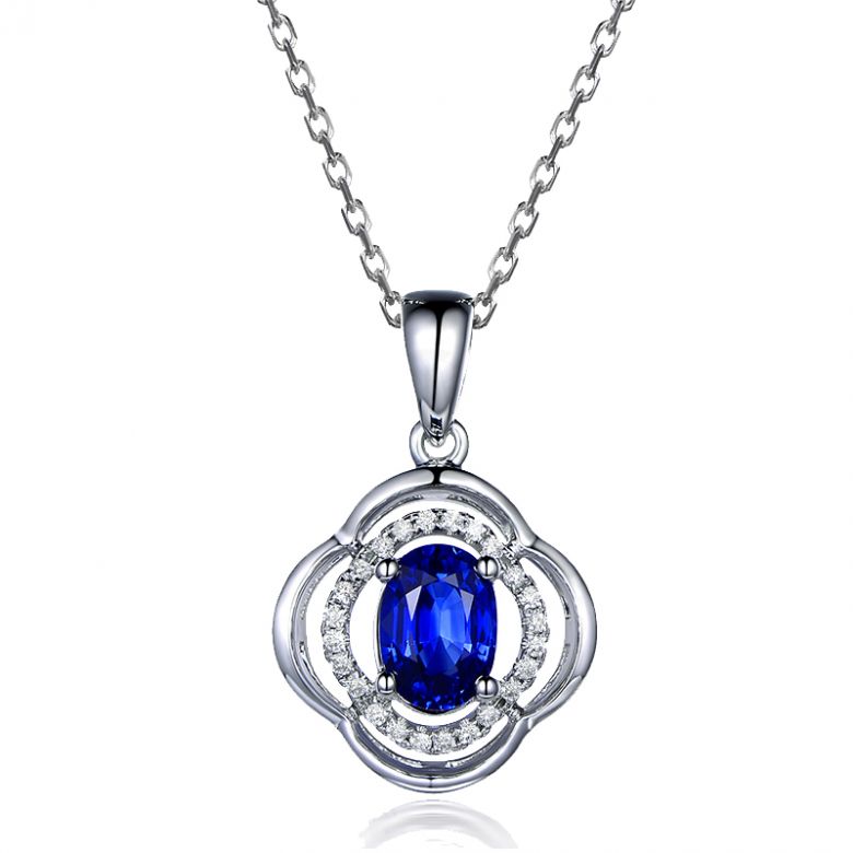 Pendentif saphir 1 carat. Breloque Or blanc motif fleur - 1