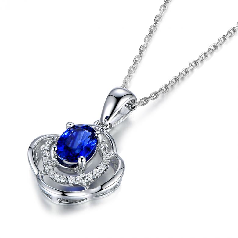 Pendentif saphir 1 carat. Breloque Or blanc motif fleur - 8