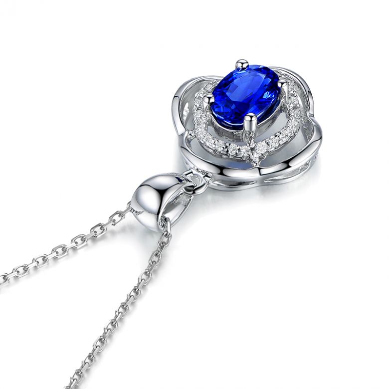 Pendentif saphir 1 carat. Breloque Or blanc motif fleur - 9