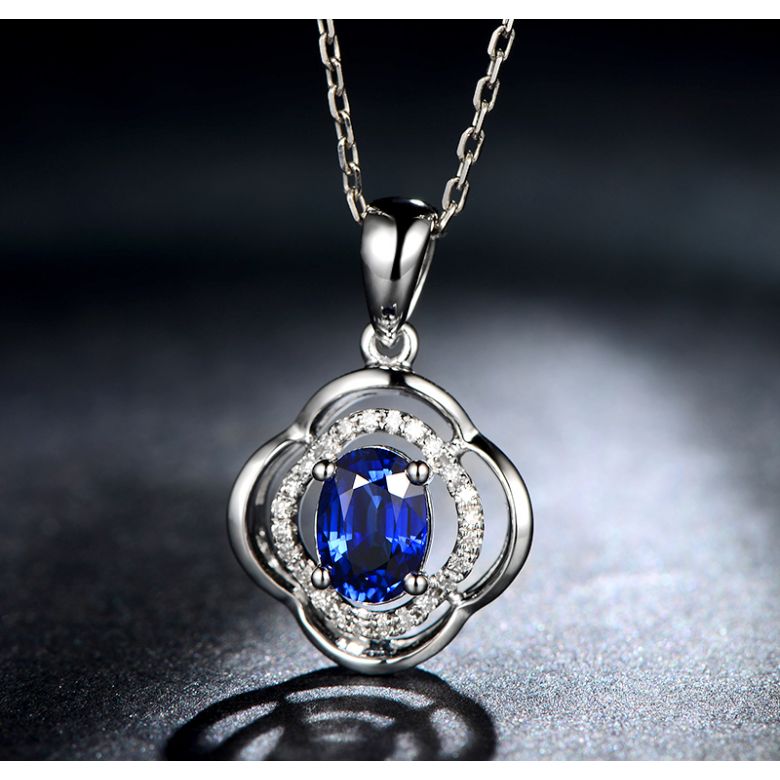 Pendentif saphir 1 carat. Breloque Or blanc motif fleur - 6