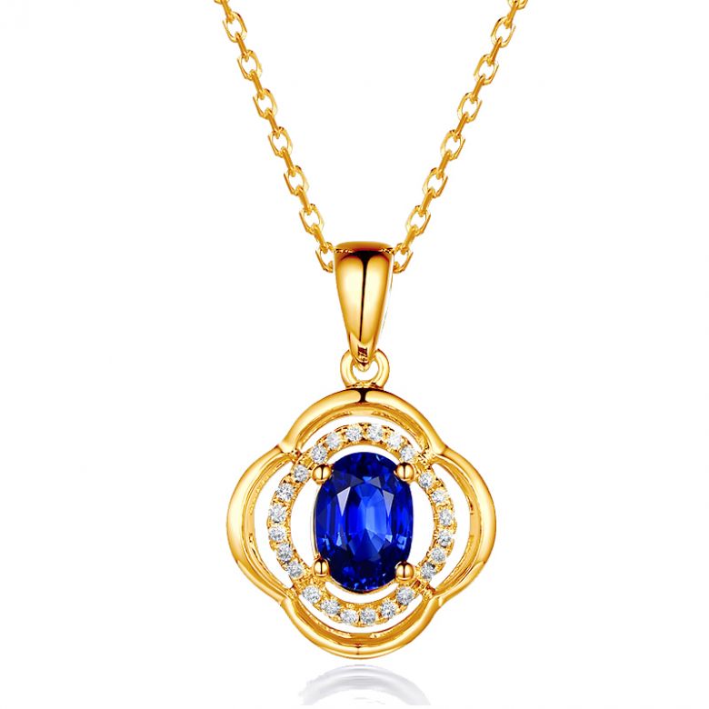 Pendentif saphir 1 carat. Breloque Or jaune motif fleur - 1