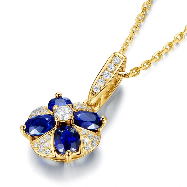 Pendentif solitaire fleur bleue. Or jaune, saphirs et diamants - 8