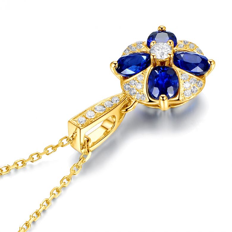 Pendentif solitaire fleur bleue. Or jaune, saphirs et diamants - 9