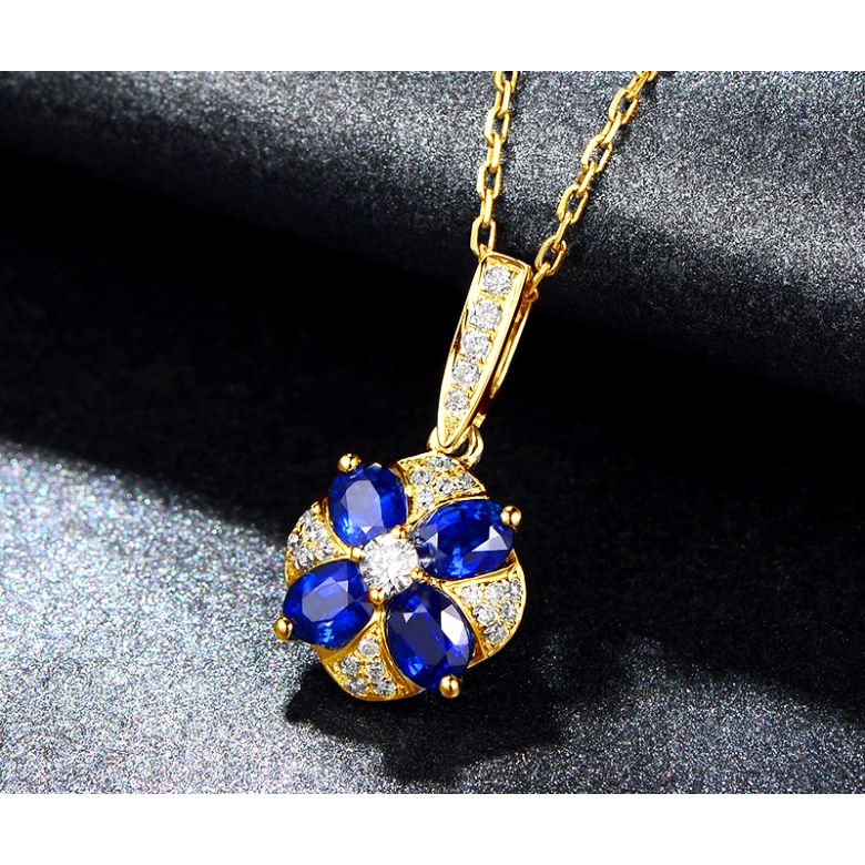 Pendentif solitaire fleur bleue. Or jaune, saphirs et diamants - 5