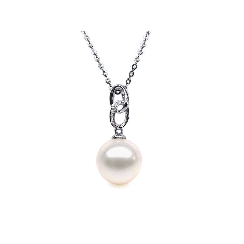 Pendentif 2 anneaux monté d'une perle blanche - Or blanc, diamants - 1
