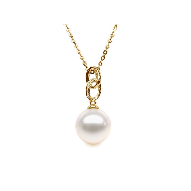 Pendentif 2 anneaux avec perle de culture - Or jaune, diamants pavés - 1