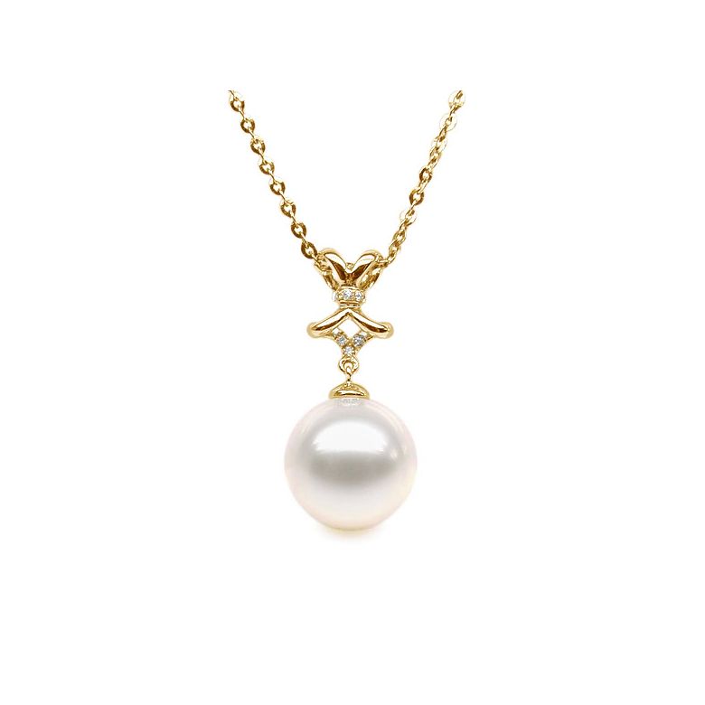 Pendentif ganse en or jaune et diamants - Perle de culture blanche - 1