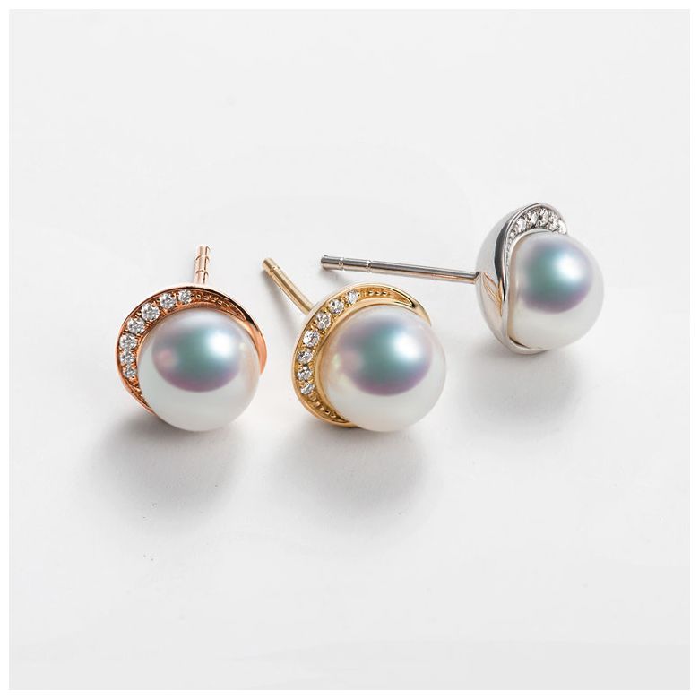 Boucles oreilles couronne Or blanc Diamants. Perles Akoya - 10