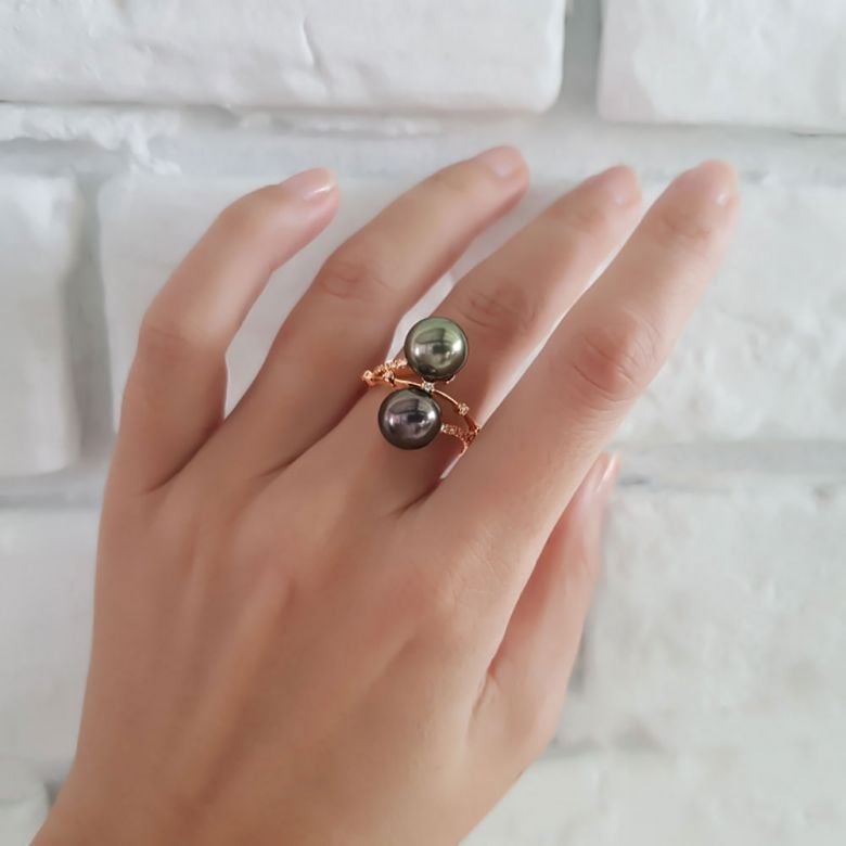 Bague Toi et Moi - You and Me - Perles de Tahiti, or blanc, diamants - 3