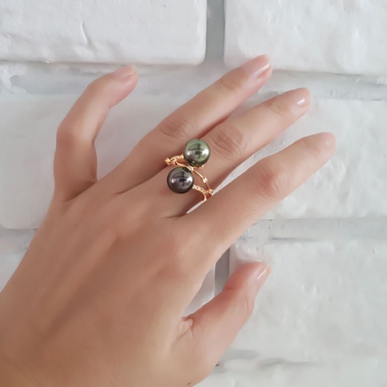 Bague Toi et Moi - You and Me - Perles de Tahiti, or blanc, diamants - 4