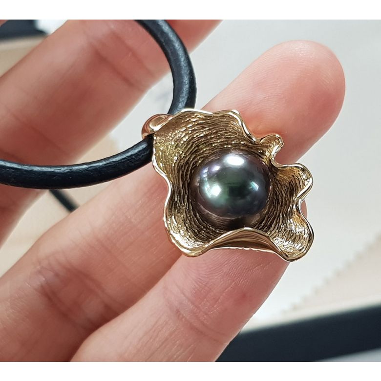 Pendentif polynésien - Perle de Tahiti bleue - Cordon cuir - Or jaune - 6