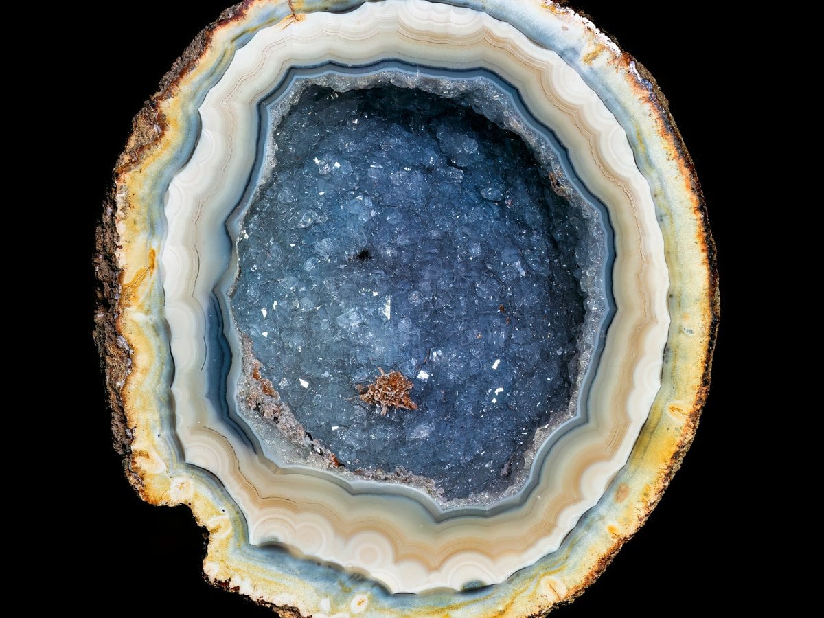 Agate polie aux bandes concentriques bleues et blanches