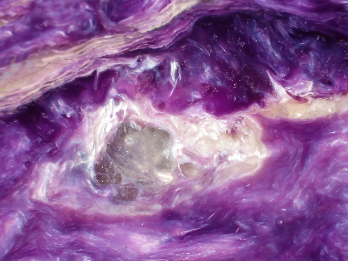 Gros plan sur une charoïte violette aux fibres nacrées