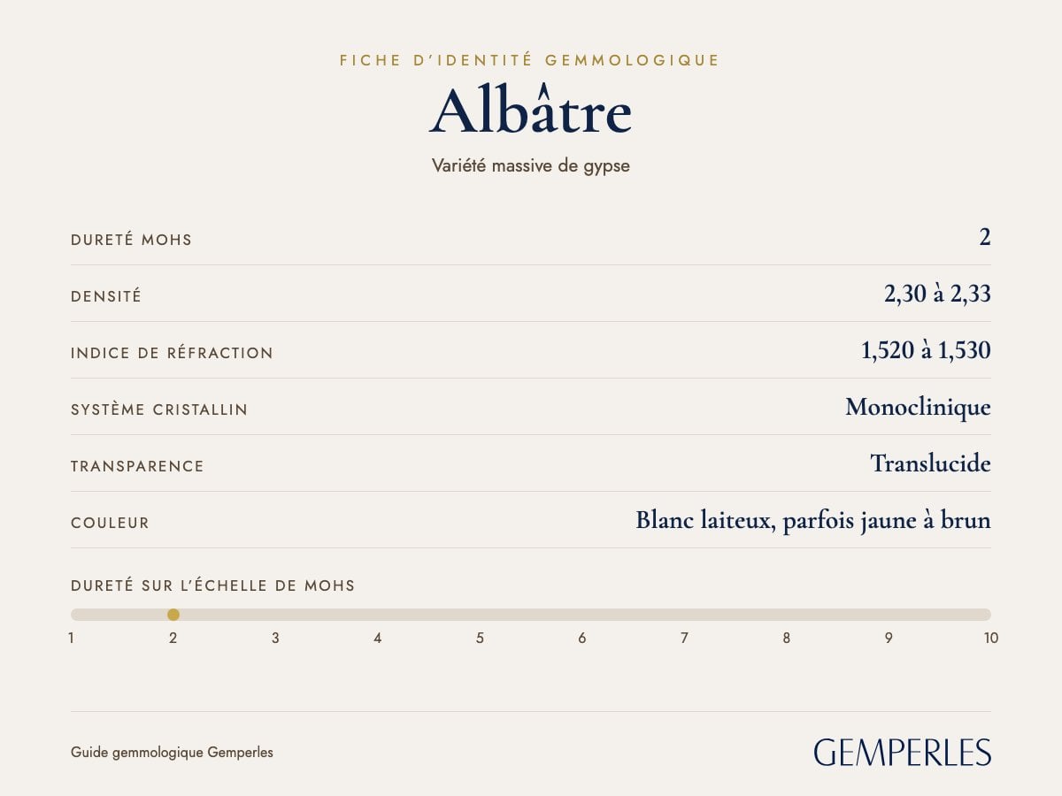 Fiche d’identité de l’albâtre : dureté 2 Mohs, densité 2,30 à 2,33, indice de réfraction 1,520 à 1,530, monoclinique, translucide