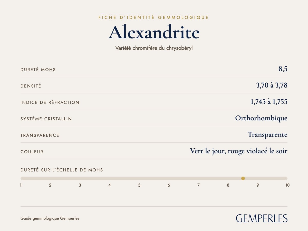 Fiche d’identité de l’alexandrite : dureté 8,5 Mohs, densité 3,70 à 3,78, indice de réfraction 1,745 à 1,755, orthorhombique, transparente