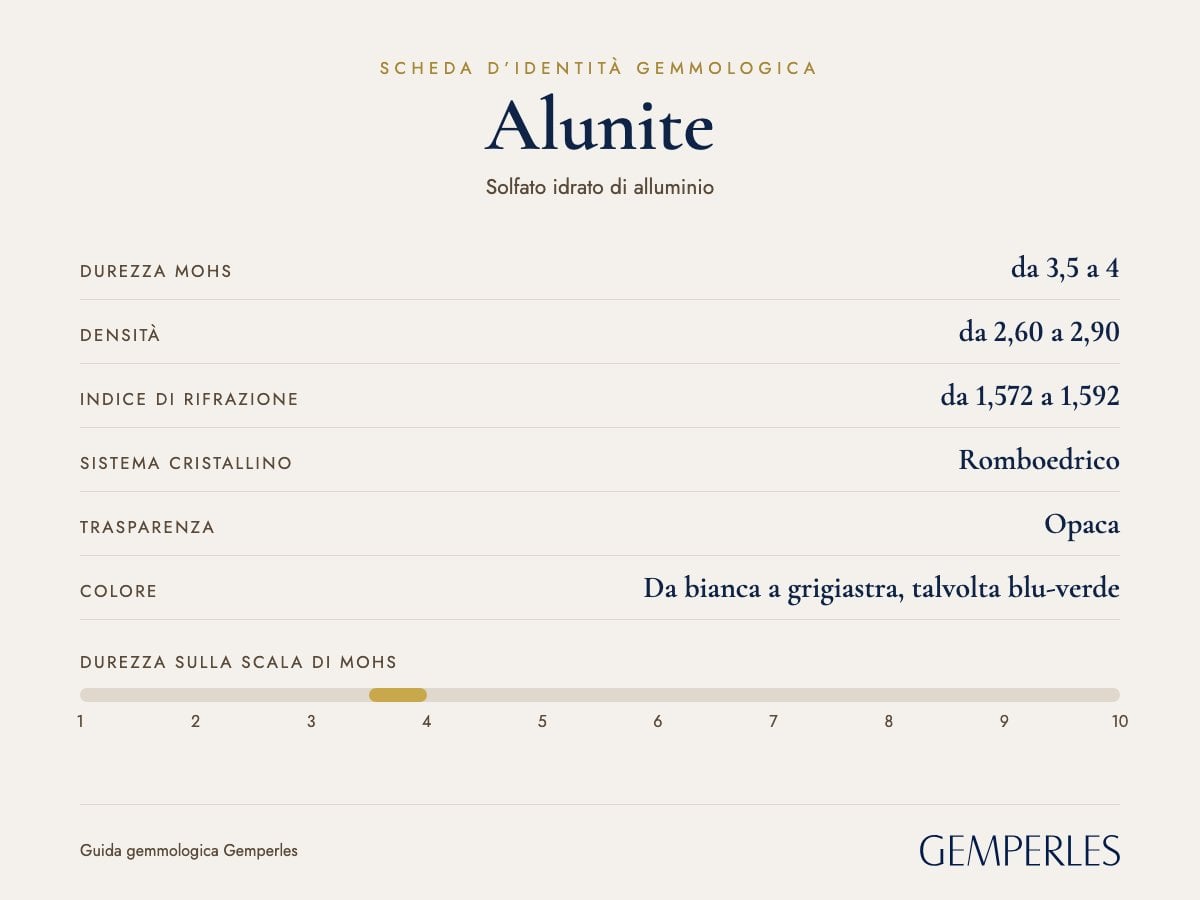 Scheda d’identità dell’alunite: durezza da 3,5 a 4 Mohs, densità da 2,60 a 2,90, indice di rifrazione da 1,572 a 1,592, romboedrico, opaca