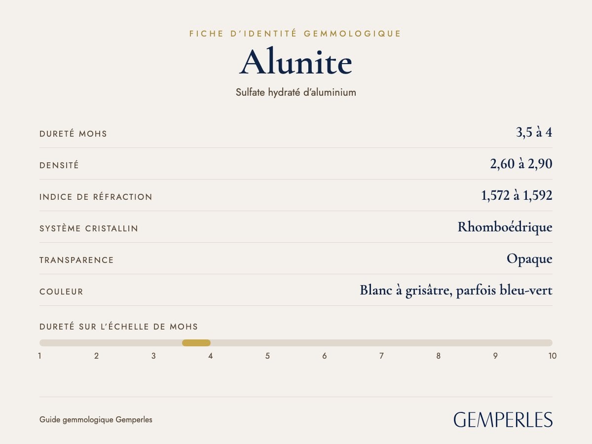 Fiche d’identité de l’alunite : dureté 3,5 à 4 Mohs, densité 2,60 à 2,90, indice de réfraction 1,572 à 1,592, rhomboédrique, opaque