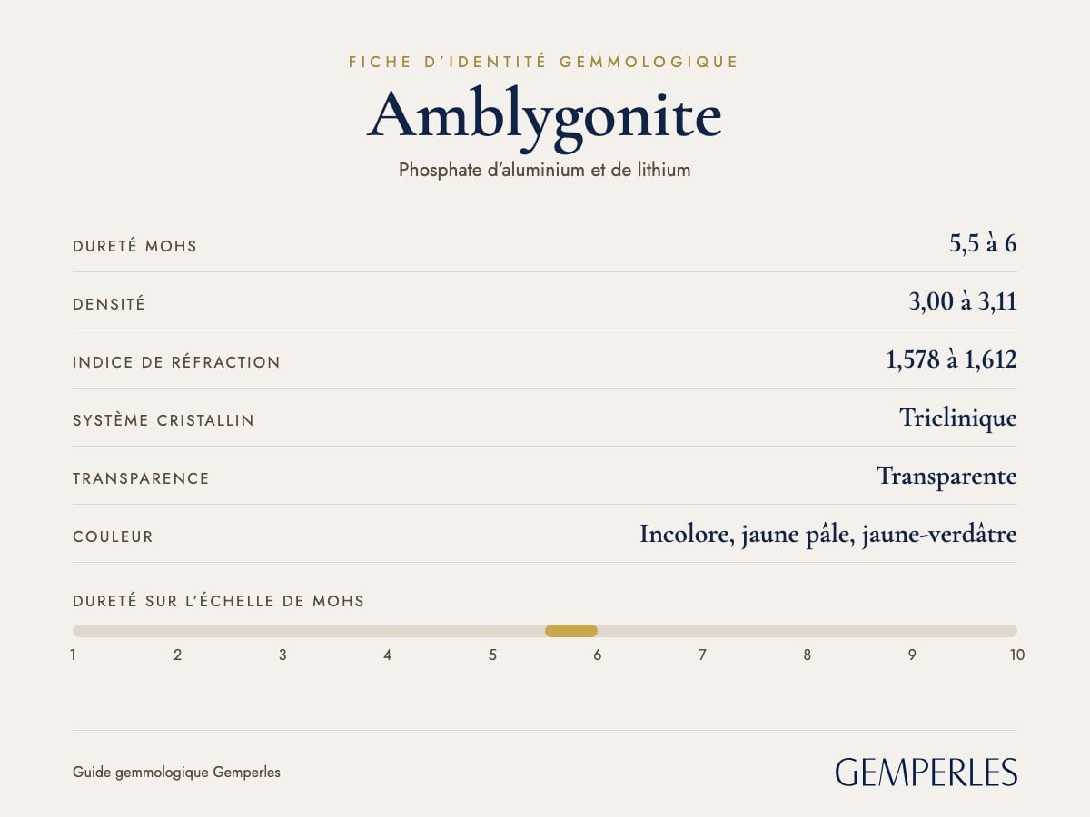 Fiche d’identité de l’amblygonite : dureté 5,5 à 6 Mohs, densité 3,00 à 3,11, indice de réfraction 1,578 à 1,612, triclinique, transparente