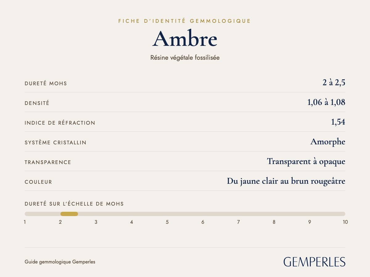 Fiche d'identité de l'ambre : dureté 2 à 2,5 Mohs, densité 1,06 à 1,08, indice de réfraction 1,54, amorphe, transparent à opaque