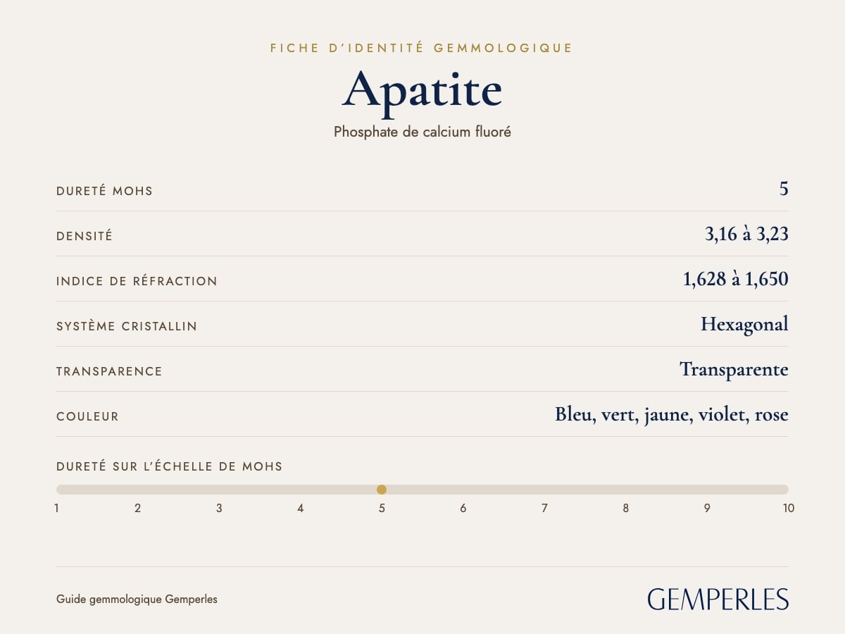 Fiche d’identité de l’apatite : dureté 5 Mohs, densité 3,16 à 3,23, indice de réfraction 1,628 à 1,650, hexagonal, transparente