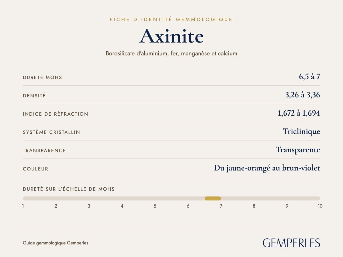 Fiche d’identité de l’axinite : dureté 6,5 à 7 Mohs, densité 3,26 à 3,36, indice de réfraction 1,672 à 1,694, triclinique, transparente
