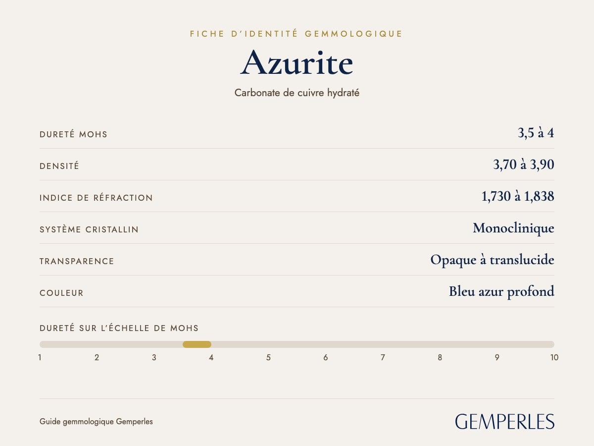 Fiche d’identité de l’azurite : dureté 3,5 à 4 Mohs, densité 3,70 à 3,90, indice de réfraction 1,730 à 1,838, monoclinique, opaque à translucide