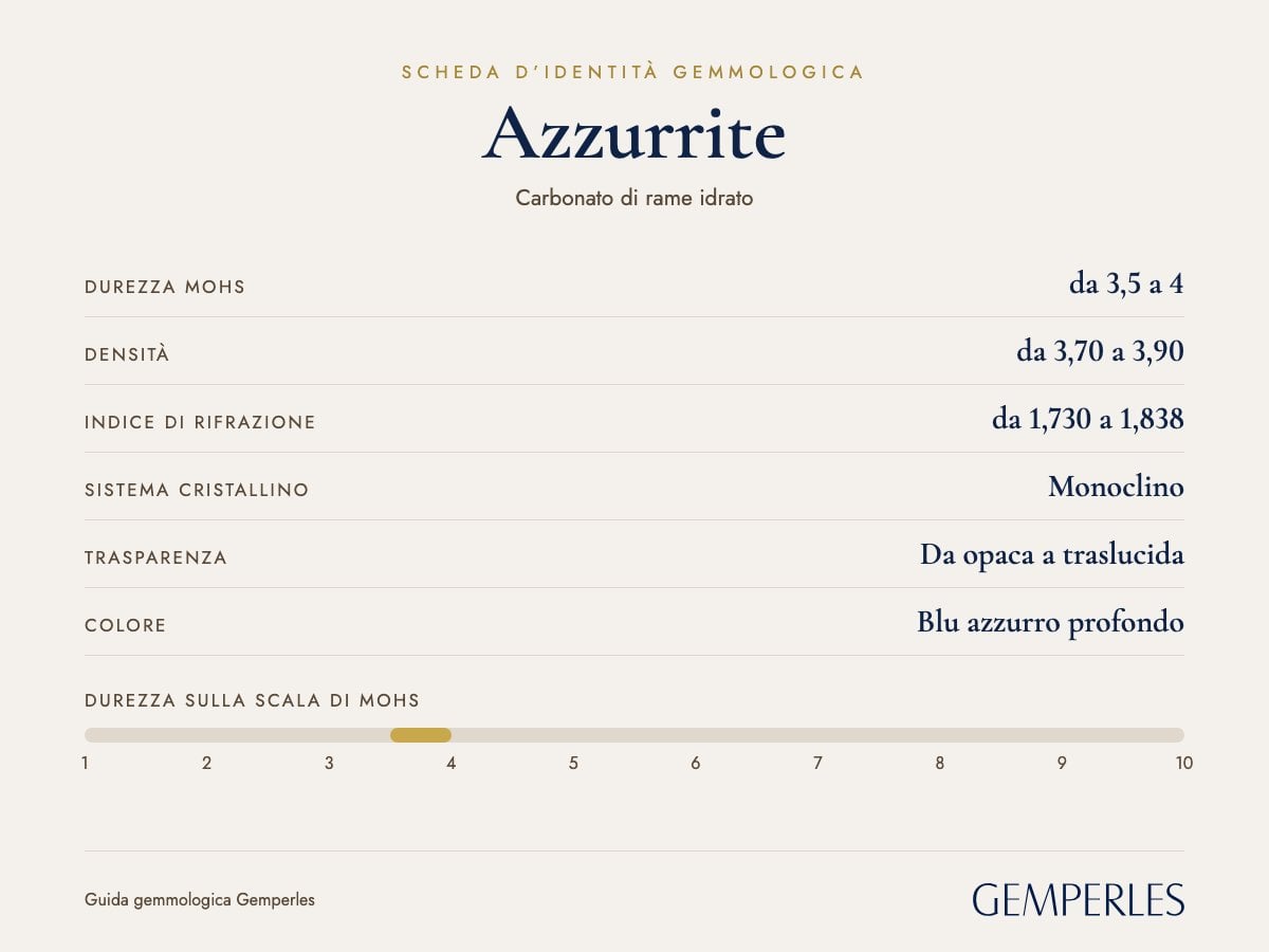 Scheda d’identità dell’azzurrite: durezza da 3,5 a 4 Mohs, densità da 3,70 a 3,90, indice di rifrazione da 1,730 a 1,838, monoclino, da opaca a traslucida