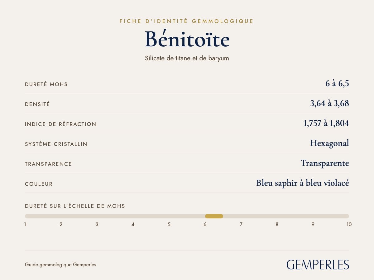 Fiche d’identité de la bénitoïte : dureté 6 à 6,5 Mohs, densité 3,64 à 3,68, indice de réfraction 1,757 à 1,804, hexagonal, transparente