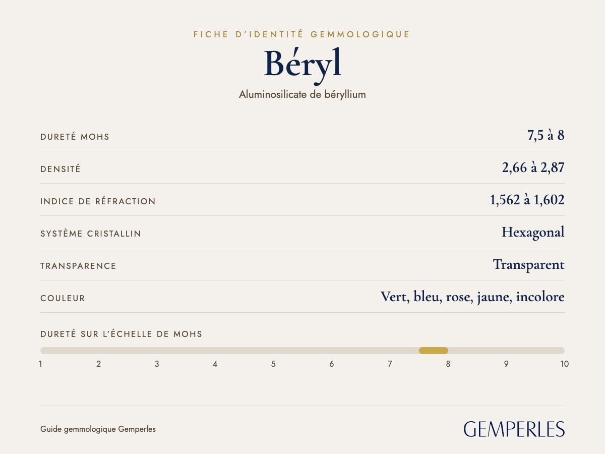 Fiche d’identité du béryl : dureté 7,5 à 8 Mohs, densité 2,66 à 2,87, indice de réfraction 1,562 à 1,602, hexagonal, transparent