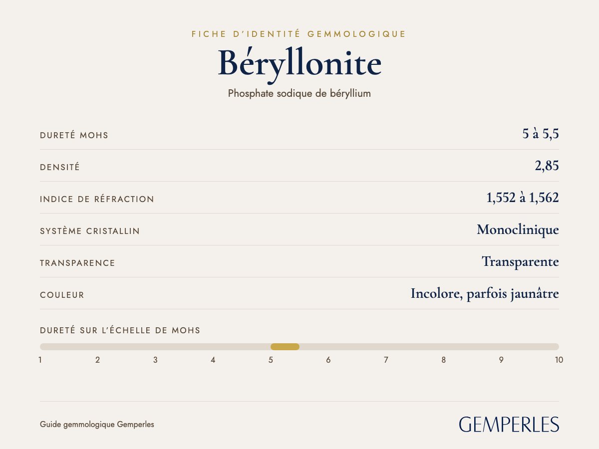 Fiche d’identité de la béryllonite : dureté 5 à 5,5 Mohs, densité 2,85, indice de réfraction 1,552 à 1,562, monoclinique, transparente