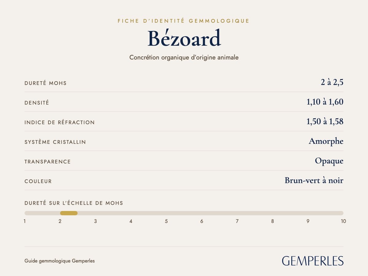 Fiche d’identité du bézoard : dureté 2 à 2,5 Mohs, densité 1,10 à 1,60, indice de réfraction 1,50 à 1,58, amorphe, opaque