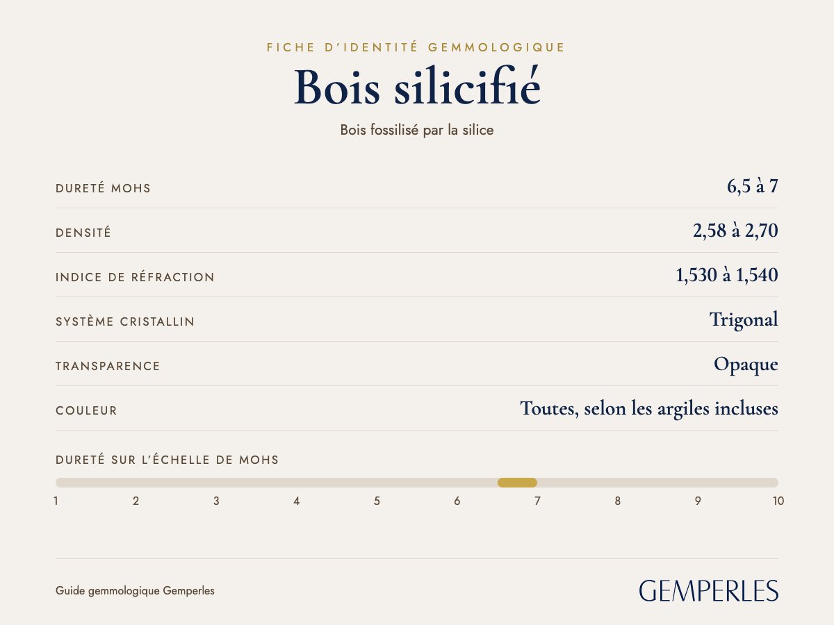 Fiche d’identité du bois silicifié : dureté 6,5 à 7 Mohs, densité 2,58 à 2,70, indice de réfraction 1,530 à 1,540, trigonal, opaque