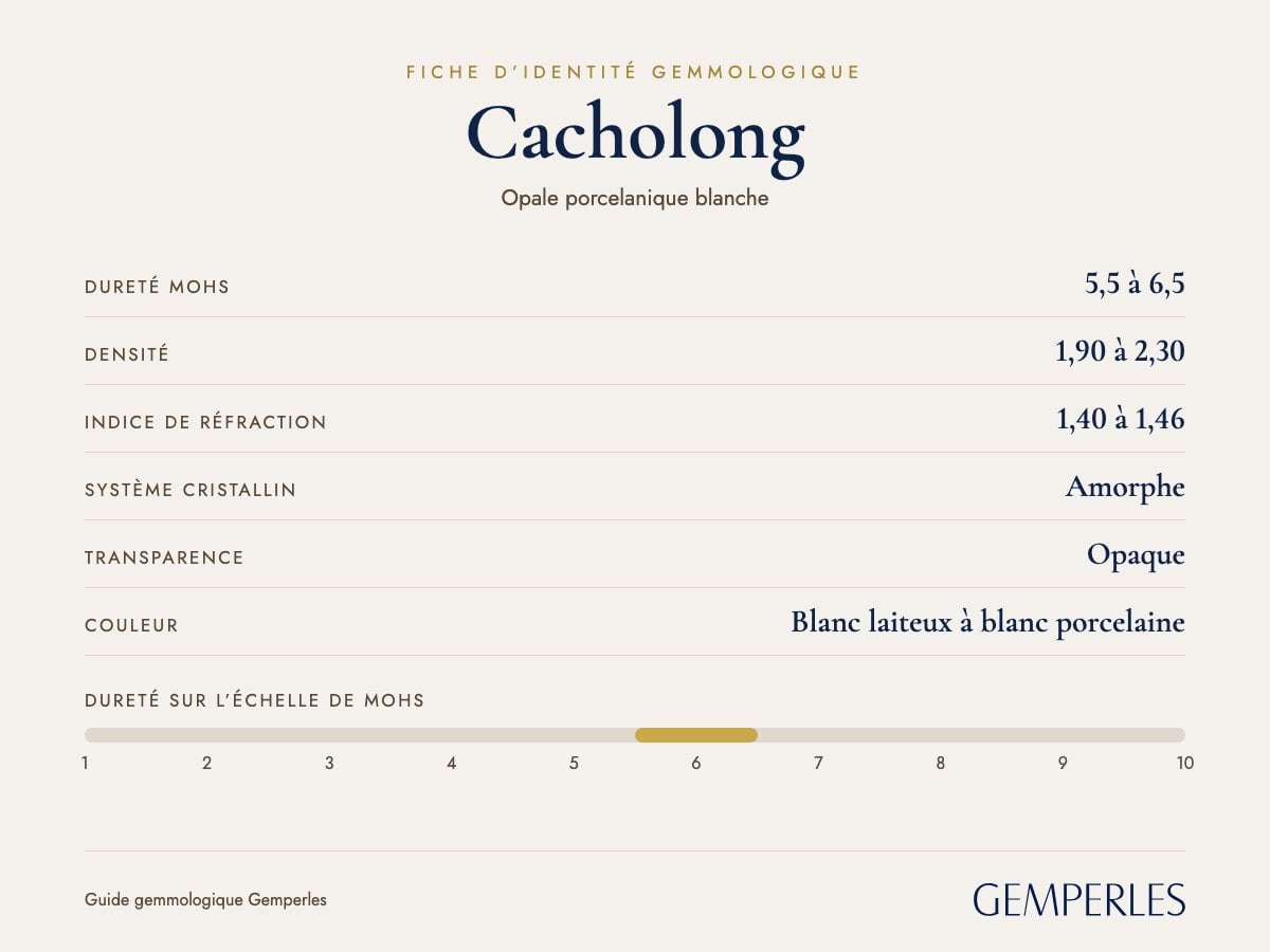 Fiche d’identité du cacholong : dureté 5,5 à 6,5 Mohs, densité 1,90 à 2,30, indice de réfraction 1,40 à 1,46, amorphe, opaque