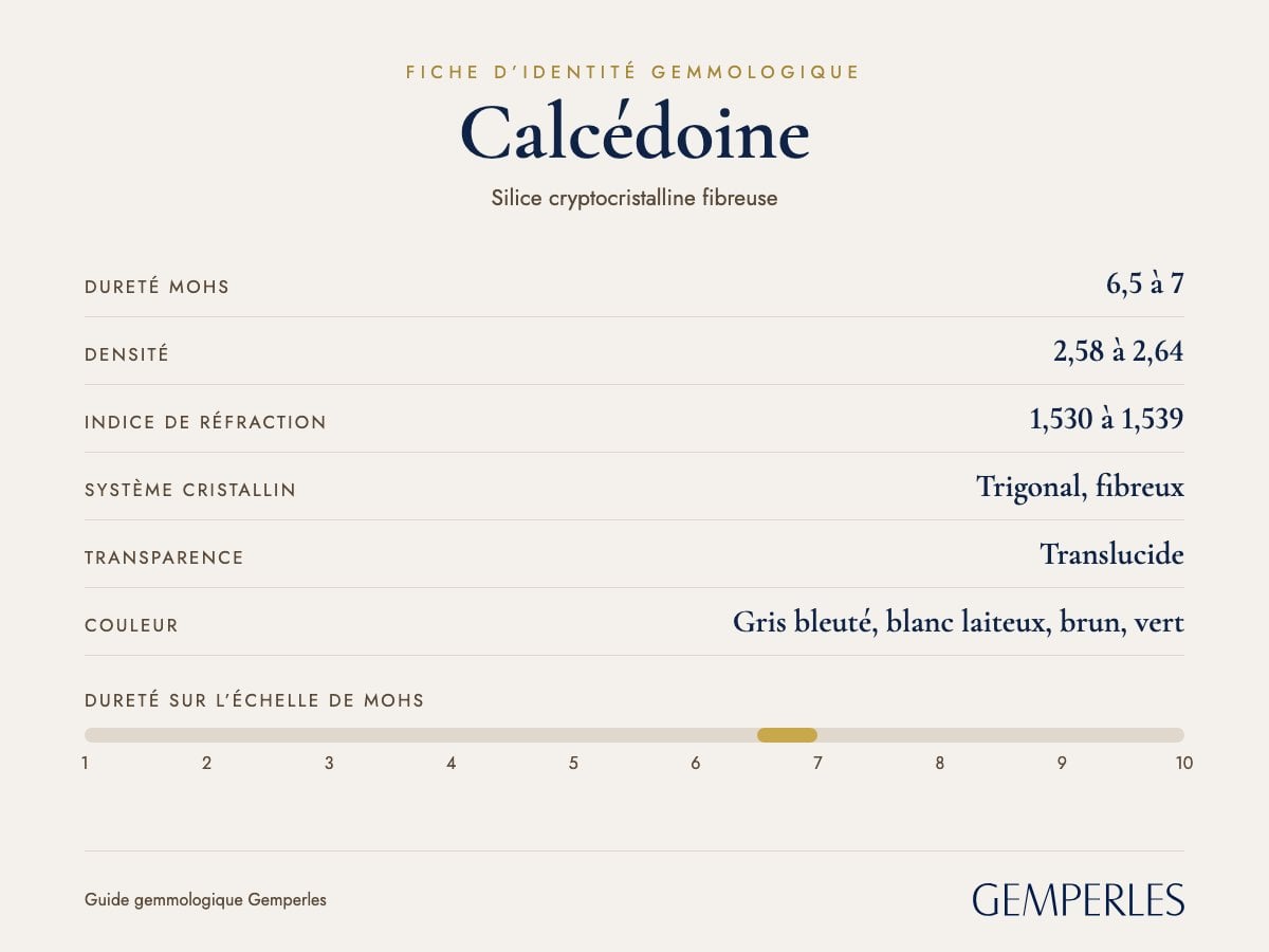 Fiche d’identité de la calcédoine : dureté 6,5 à 7 Mohs, densité 2,58 à 2,64, indice de réfraction 1,530 à 1,539, trigonal, fibreux, translucide