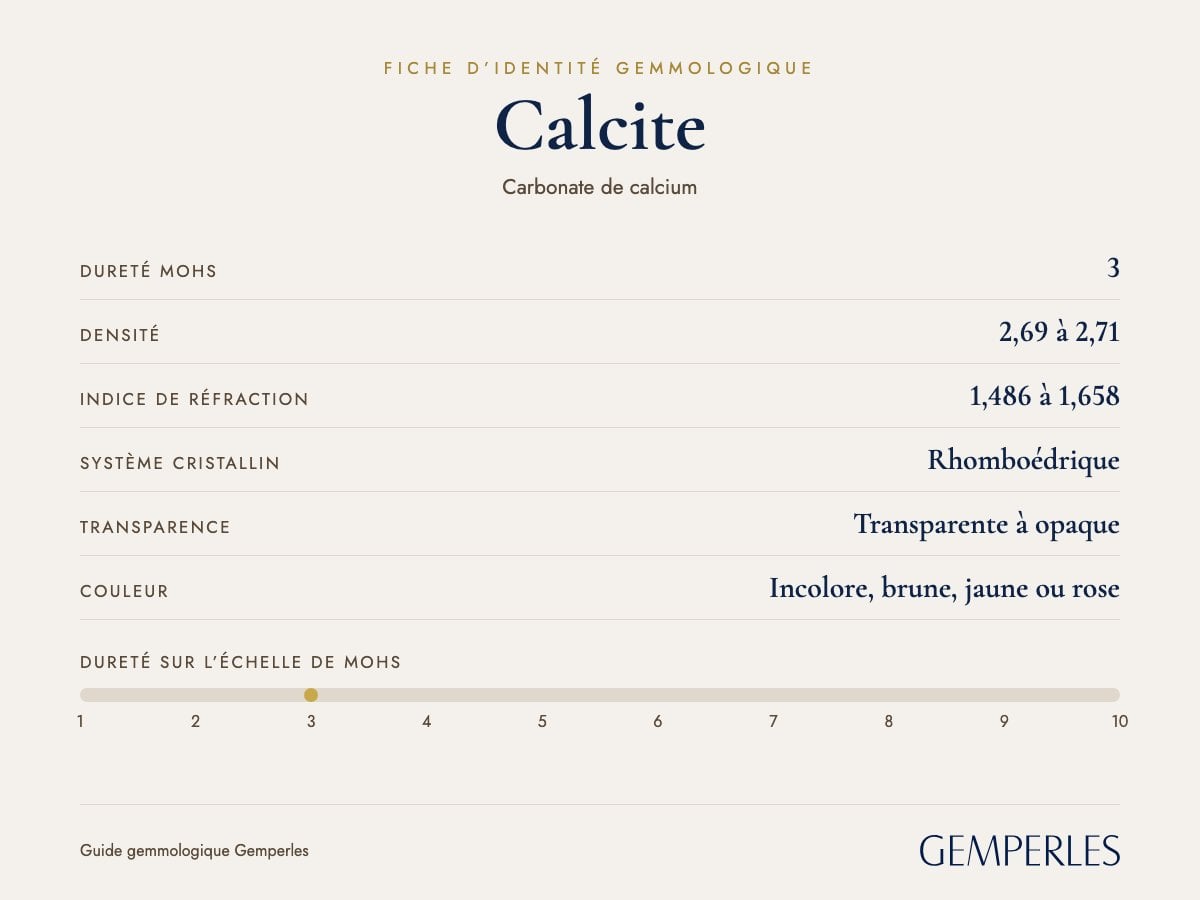 Fiche d’identité de la calcite : dureté 3 Mohs, densité 2,69 à 2,71, indice de réfraction 1,486 à 1,658, rhomboédrique, transparente à opaque