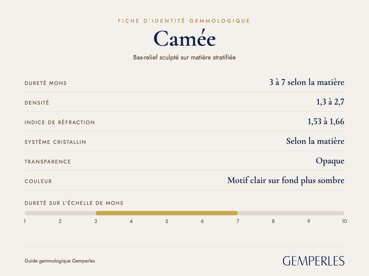 Fiche d’identité du camée : dureté 3 à 7 selon la matière Mohs, densité 1,3 à 2,7, indice de réfraction 1,53 à 1,66, selon la matière, opaque