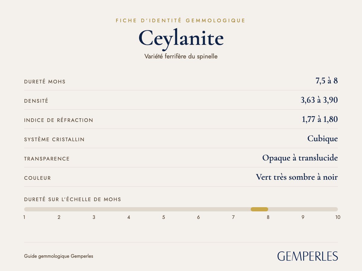 Fiche d’identité de la ceylanite : dureté 7,5 à 8 Mohs, densité 3,63 à 3,90, indice de réfraction 1,77 à 1,80, cubique, opaque à translucide