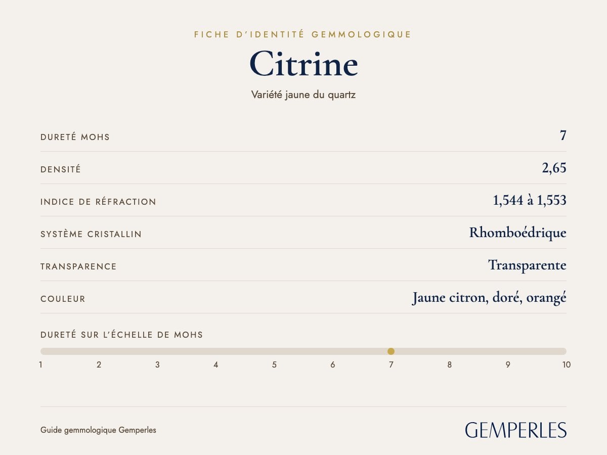Fiche d’identité de la citrine : dureté 7 Mohs, densité 2,65, indice de réfraction 1,544 à 1,553, rhomboédrique, transparente