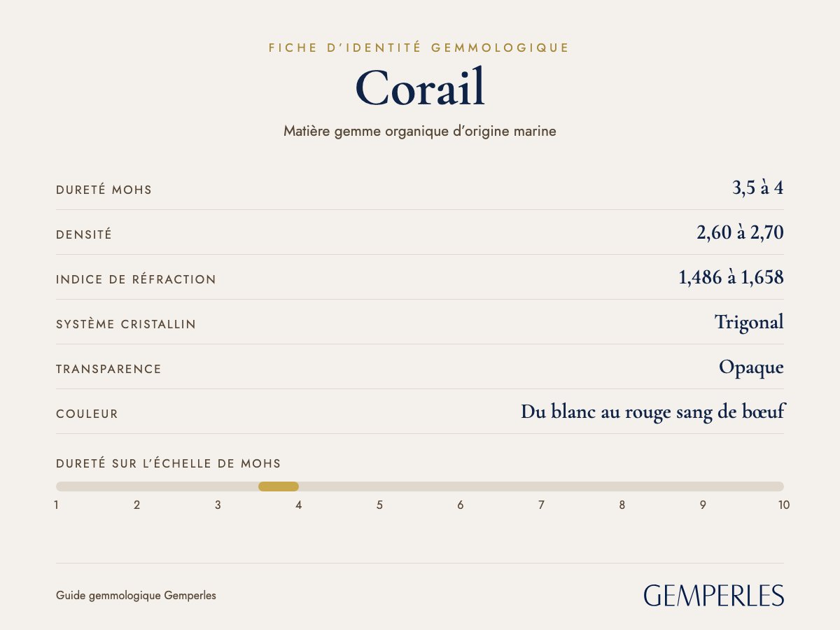 Fiche d’identité du corail : dureté 3,5 à 4 Mohs, densité 2,60 à 2,70, indice de réfraction 1,486 à 1,658, trigonal, opaque
