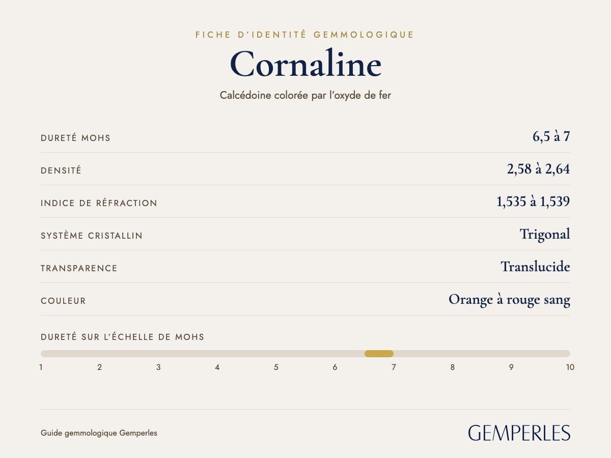 Fiche d’identité de la cornaline : dureté 6,5 à 7 Mohs, densité 2,58 à 2,64, indice de réfraction 1,535 à 1,539, trigonal, translucide