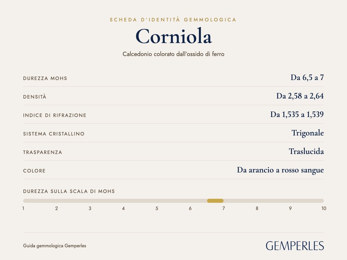 Scheda d’identità della corniola: durezza da 6,5 a 7 Mohs, densità da 2,58 a 2,64, indice di rifrazione da 1,535 a 1,539, trigonale, traslucida
