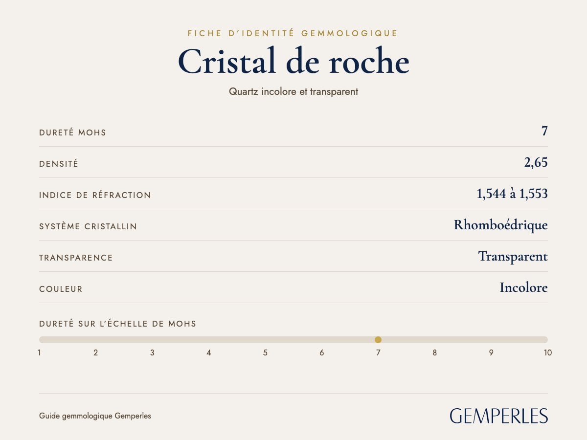 Fiche d’identité du cristal de roche : dureté 7 Mohs, densité 2,65, indice de réfraction 1,544 à 1,553, rhomboédrique, transparent