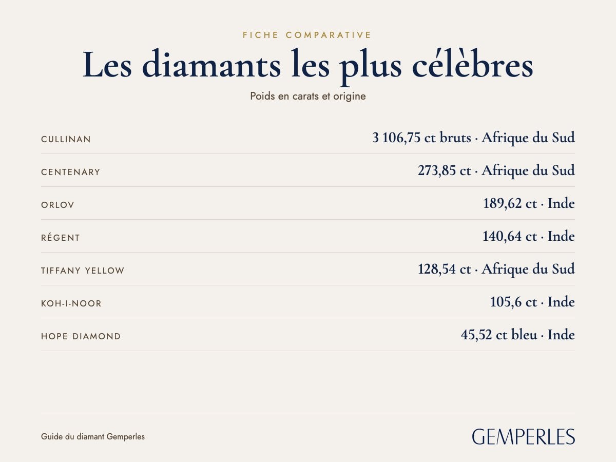 Fiche des diamants les plus célèbres : Cullinan 3 106,75 ct bruts · Afrique du Sud, Centenary 273,85 ct · Afrique du Sud, Orlov 189,62 ct · Inde, Régent 140,64 ct · Inde, Tiffany Yellow 128,54 ct · Afrique du Sud, Koh-i-Noor 105,6 ct · Inde
