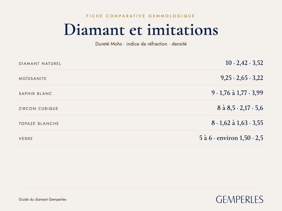 Fiche d’identité du diamant et de ses imitations : diamant naturel 10 · 2,42 · 3,52, moïssanite 9,25 · 2,65 · 3,22, saphir blanc 9 · 1,76 à 1,77 · 3,99, zircon cubique 8 à 8,5 · 2,17 · 5,6, topaze blanche 8 · 1,62 à 1,63 · 3,55