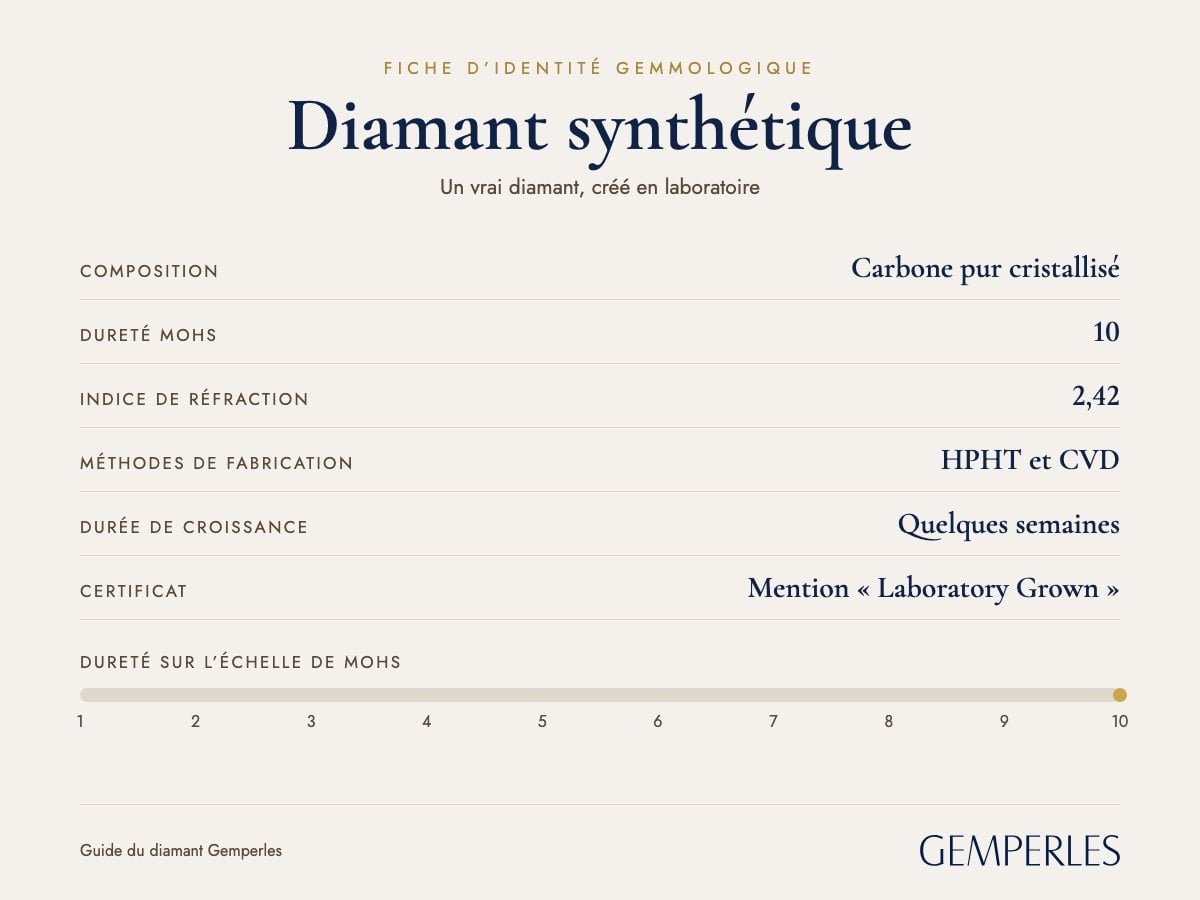 Fiche d’identité du diamant synthétique : composition Carbone pur cristallisé, dureté mohs 10, indice de réfraction 2,42, méthodes de fabrication HPHT et CVD, durée de croissance Quelques semaines
