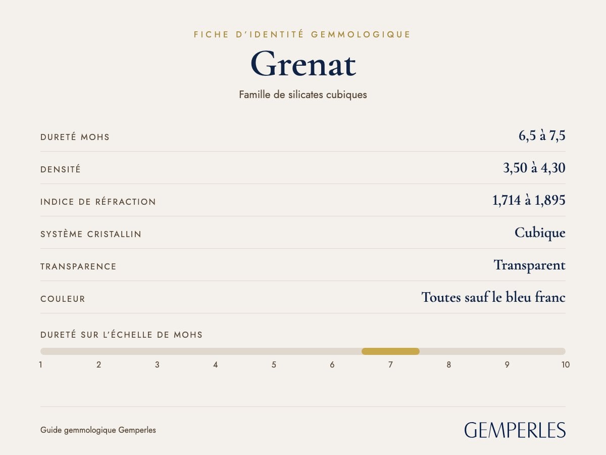 Fiche d’identité du grenat : dureté 6,5 à 7,5 Mohs, densité 3,50 à 4,30, indice de réfraction 1,714 à 1,895, cubique, transparent