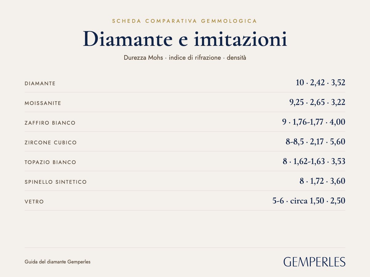 Scheda d’identità del diamante e delle sue imitazioni: diamante naturale 10 · 2,42 · 3,52, moissanite 9,25 · 2,65 · 3,22, zaffiro bianco 9 · da 1,76 a 1,77 · 3,99, zirconia cubica da 8 a 8,5 · 2,17 · 5,6, topazio bianco 8 · da 1,62 a 1,63 · 3,55
