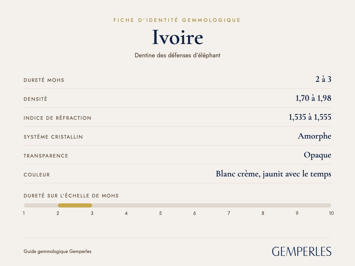 Fiche d’identité de l’ivoire : dureté 2 à 3 Mohs, densité 1,70 à 1,98, indice de réfraction 1,535 à 1,555, amorphe, opaque
