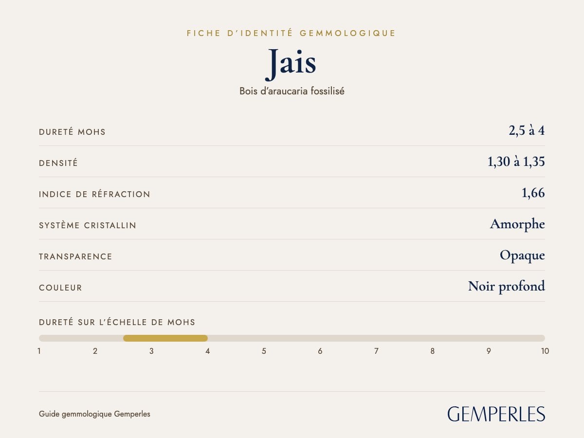 Fiche d’identité du jais : dureté 2,5 à 4 Mohs, densité 1,30 à 1,35, indice de réfraction 1,66, amorphe, opaque